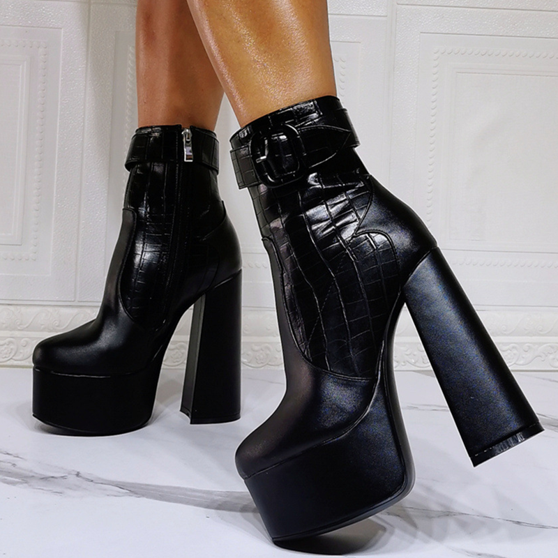 GOOSHOE Ankle Boots Thick Heel Platform Side Zip Short Boots Stone Pattern Plus Size 47