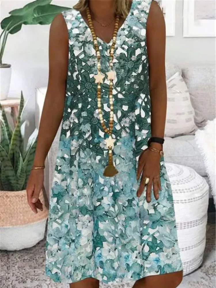 Women's Floral Printed Sleeveless V-neck Midi Dress