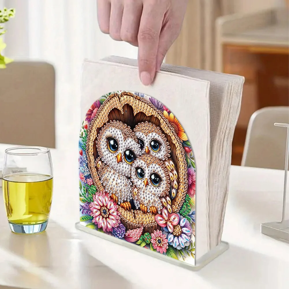 DIY Flower Owl Acrylic Napkin Holder Diamond Painting Kit for Home Table Decor