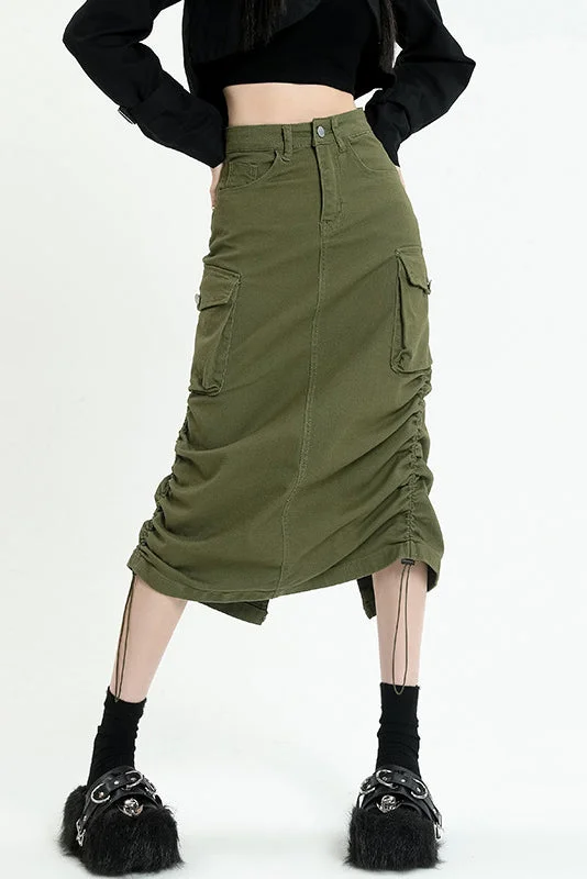 Casual Solid Color Drawstring Side Slit Hem Cargo Midi Denim Skirt