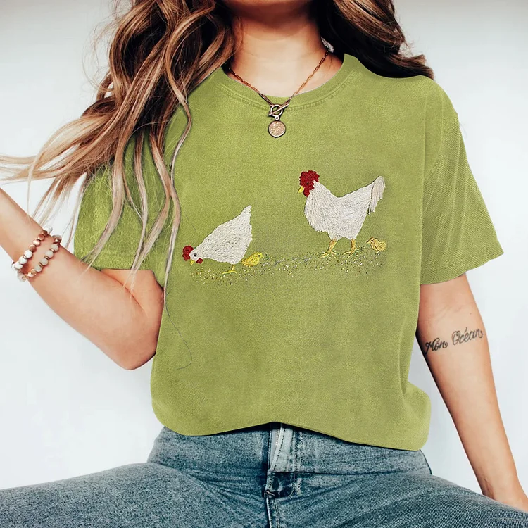 Lässiges T-Shirt mit Rundhalsausschnitt und Hühner-Print