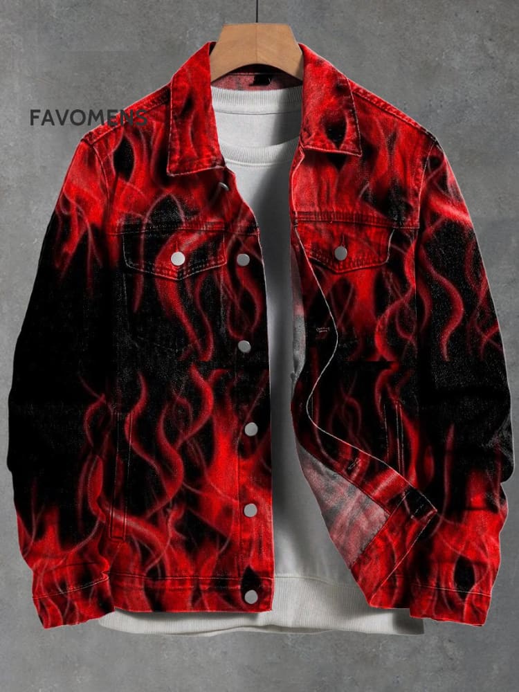 Men’s Art Creative Flame Vintage Print Casual Denim Jacket Multicolor / S