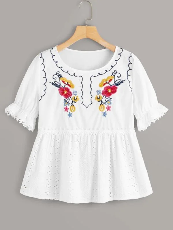 Floral Embroidered Ruffle Hem Flounce Sleeve Blouse | IFYHOME