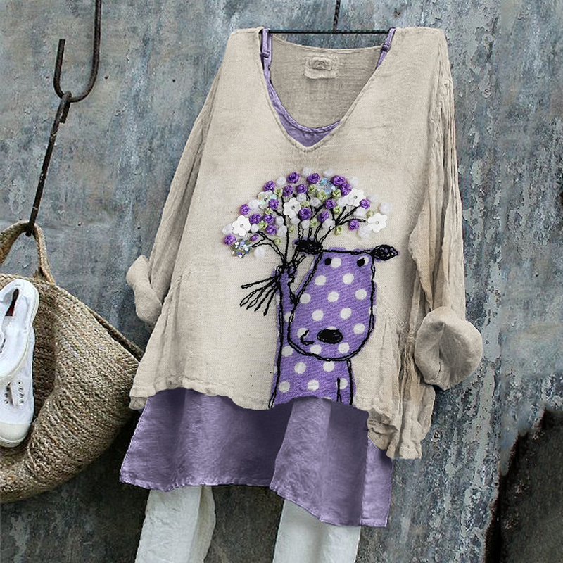 Comstylish Lovely Dog With Flowers Fiber Art Linen Tunic