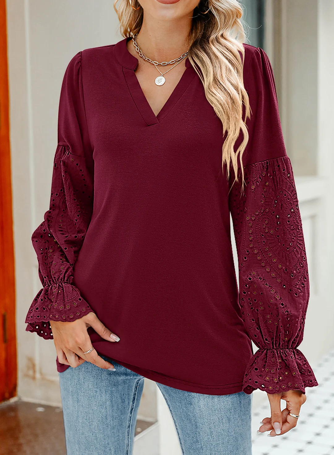 MIHOLL Women V Neck Long Sleeve Shirt Lace Crochet Loose Casual Top Blouse