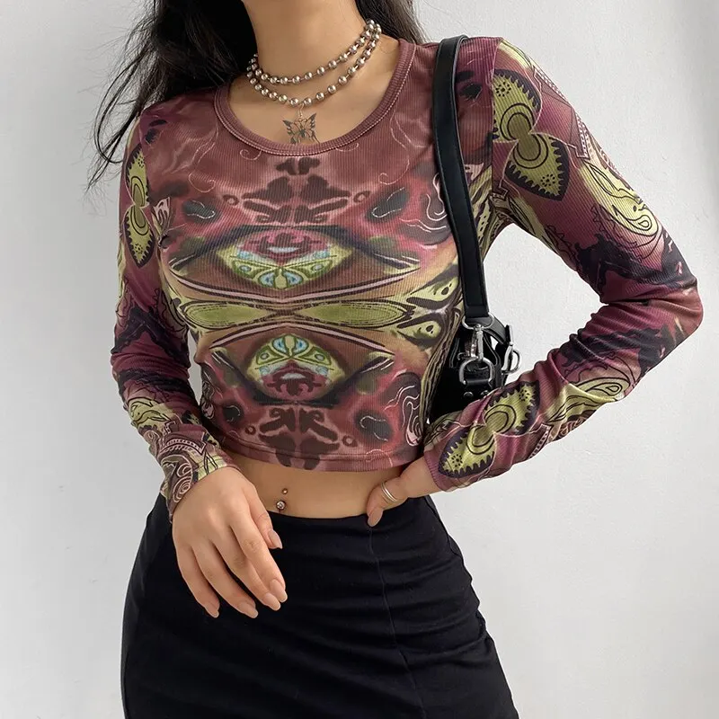 HEYounGIRL Grunge Harajuku Printed Crop Top T Shirt Women 2021 Autumn Basic Long Sleeve Gothic T-shirt Ladies Streetwear 90s