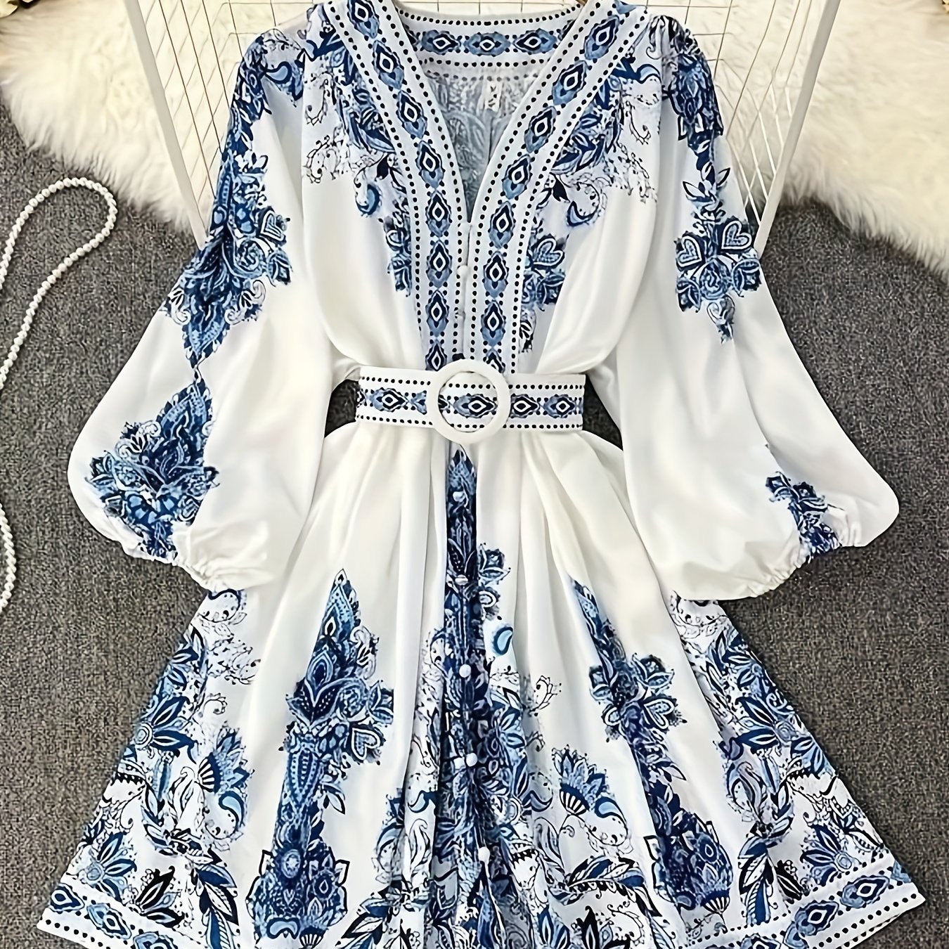 Women Bohemian Lantern Sleeve Dress V-Neck Long Sleeve