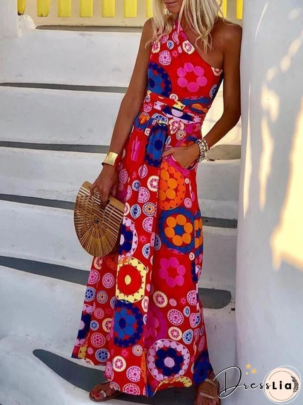 Fashion Floral Printed One Shoulder Maxi Dress P11564