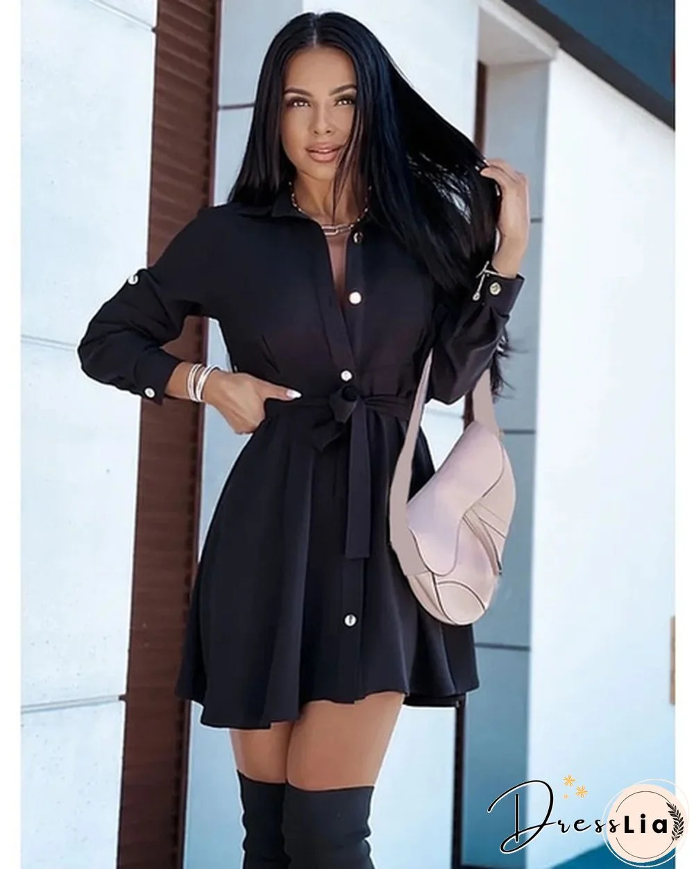Turn-down Collar Long Sleeves Buttons Shirt Dress Women Fashion Collect Waist A Line Dress Elegant Ladies Dresses