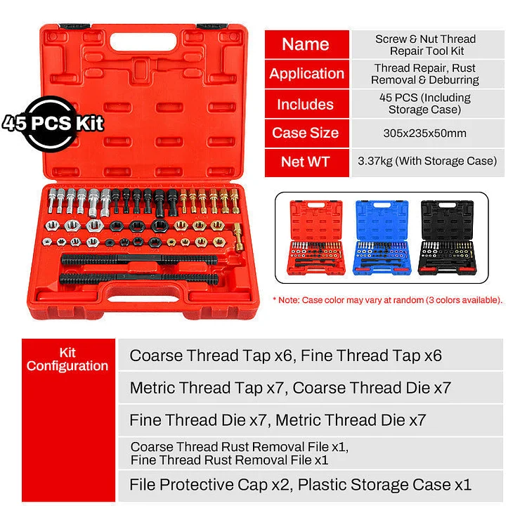 Screw & Nut Thread Repair Tool Kit - Repair, Rust Removal, Deburring