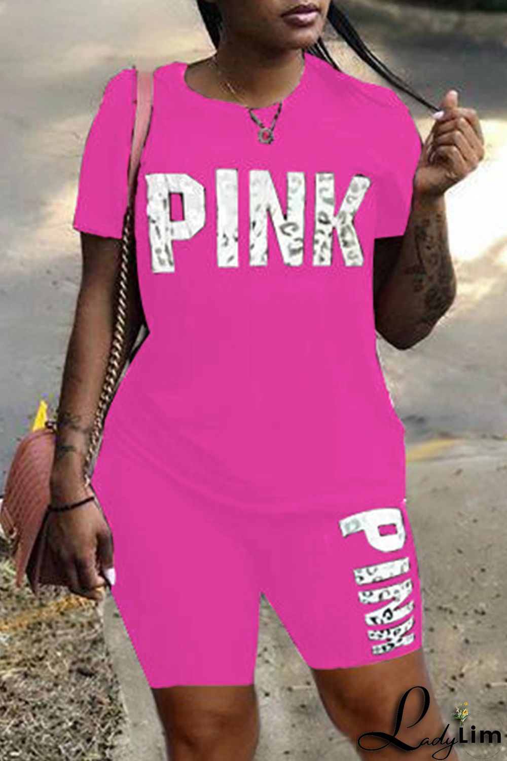 Rose Red Fashion Casual Letter Print Patchwork O Neck Short Sleeve Plus Size Two Pieces