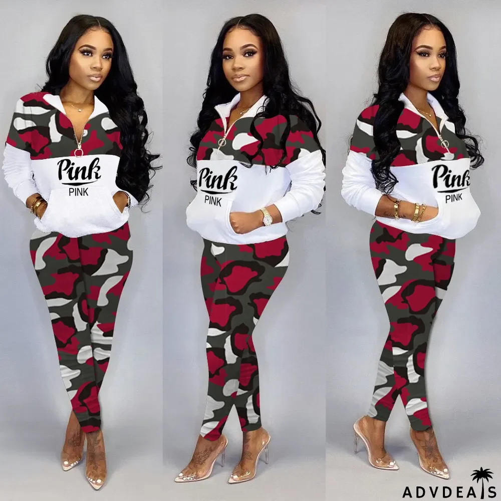 Plus Size Pink Letter Camo Print Casual 2 Piece Sets