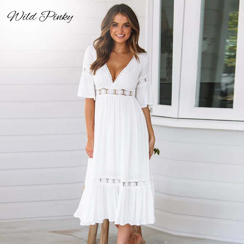 WildPinky New White Lace Up Long Sexy Dress Women Summer V-neck Hollow Out Party Bohemian Dress Casual Feminino Dresses Vestidos