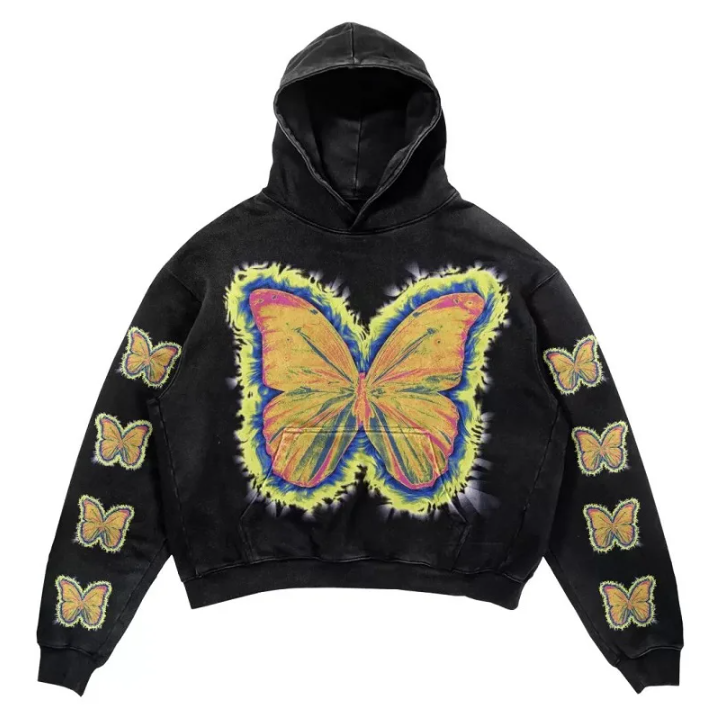 Hip Hop Butterfly Print Y2k Oversized Goth Hoodie Streetwear Vintage Pullover at Hiphopee