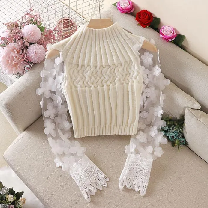 Fairy Flower Puff Sleeve Women Sweater Slim Short Style Patchwork Round Neck Knitting Female Sweaters