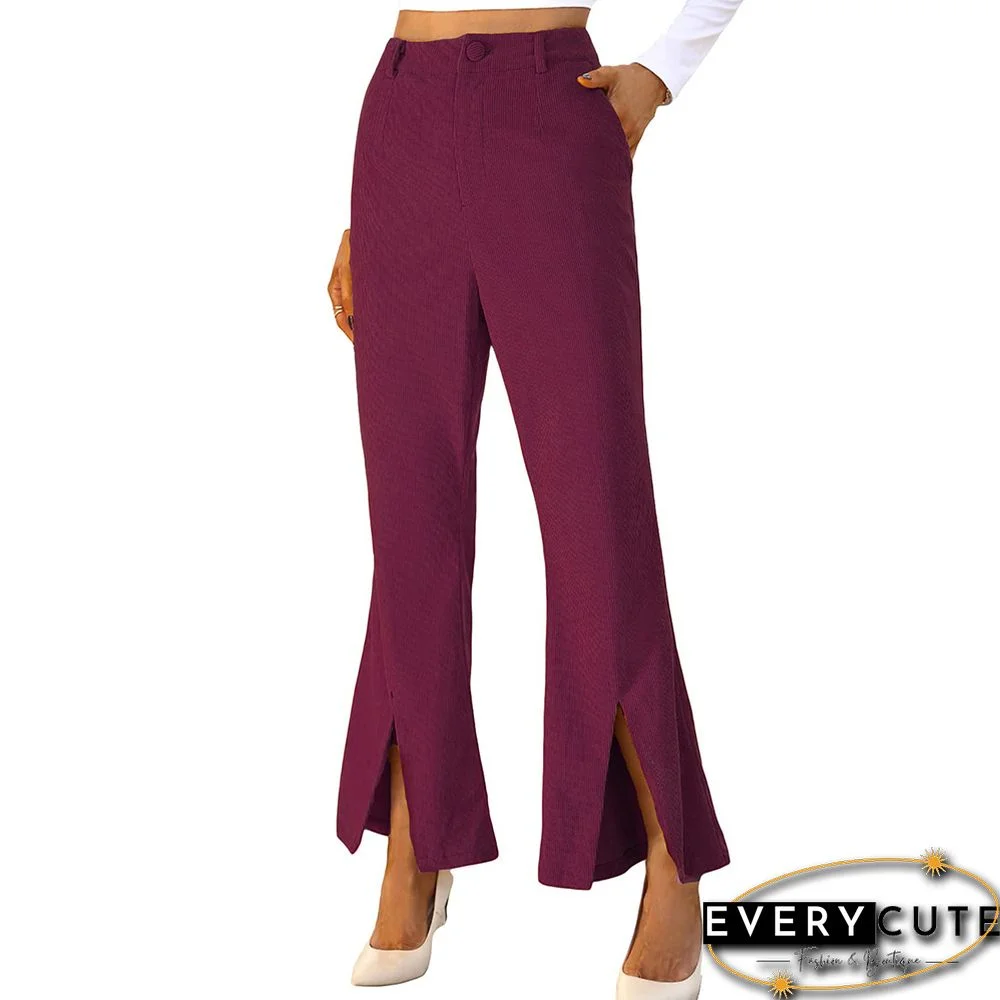 Burgundy Corduroy High Waist Pocket Pants with Slit