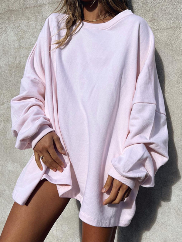 Mature Women Fashion Casual Solid Color Loose Long Sleeve Round Neck Long Sweatshirt