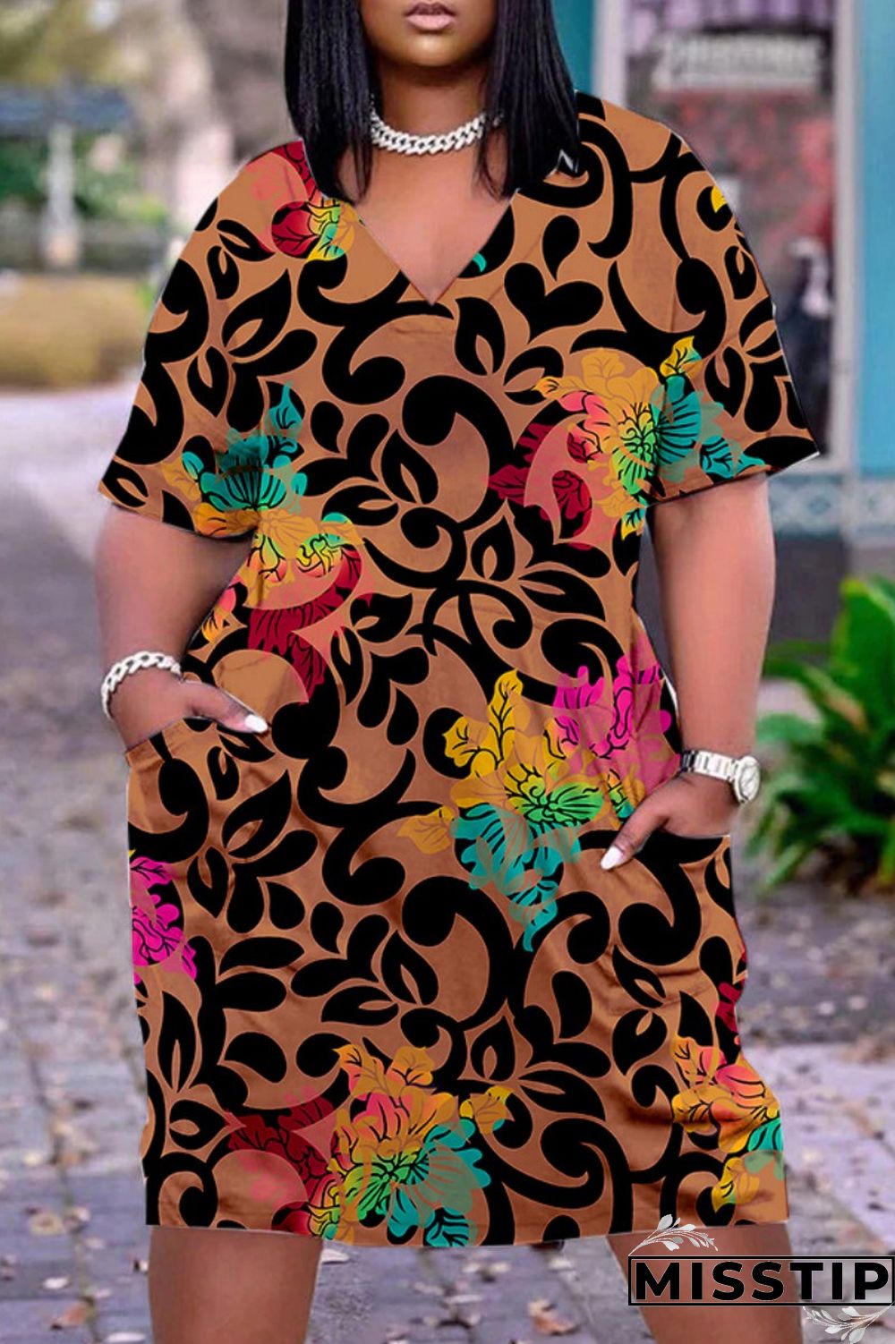 Brown Casual Print Patchwork V Neck Short Sleeve Dress