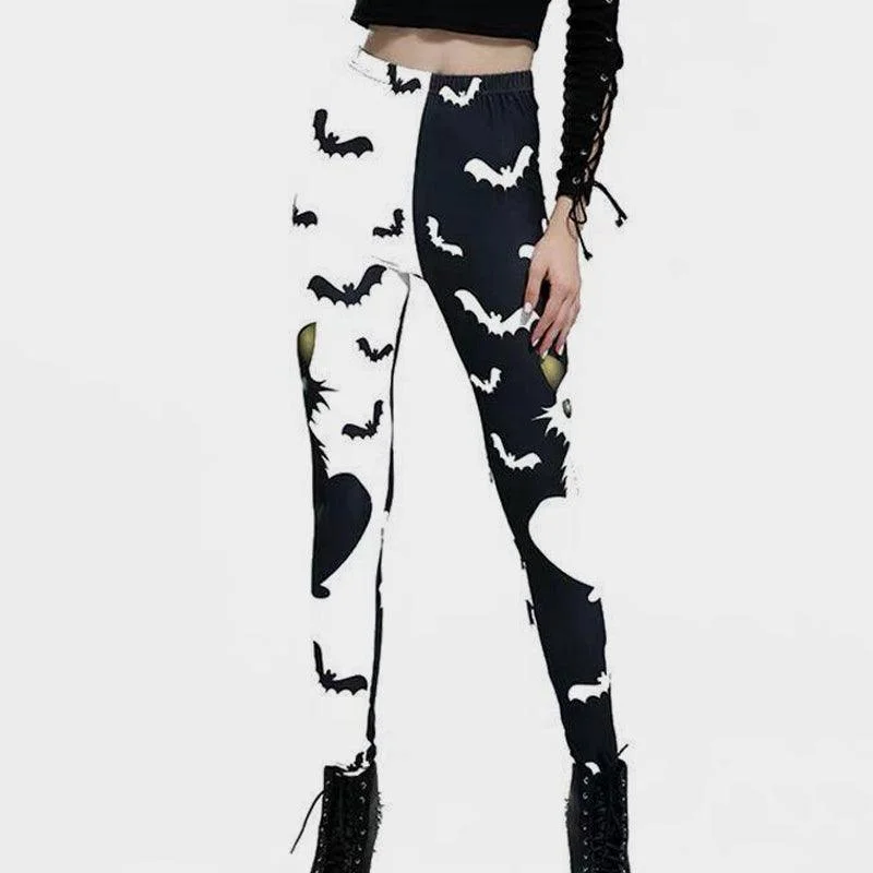 Halloween Cat And Bats Print Leggings
