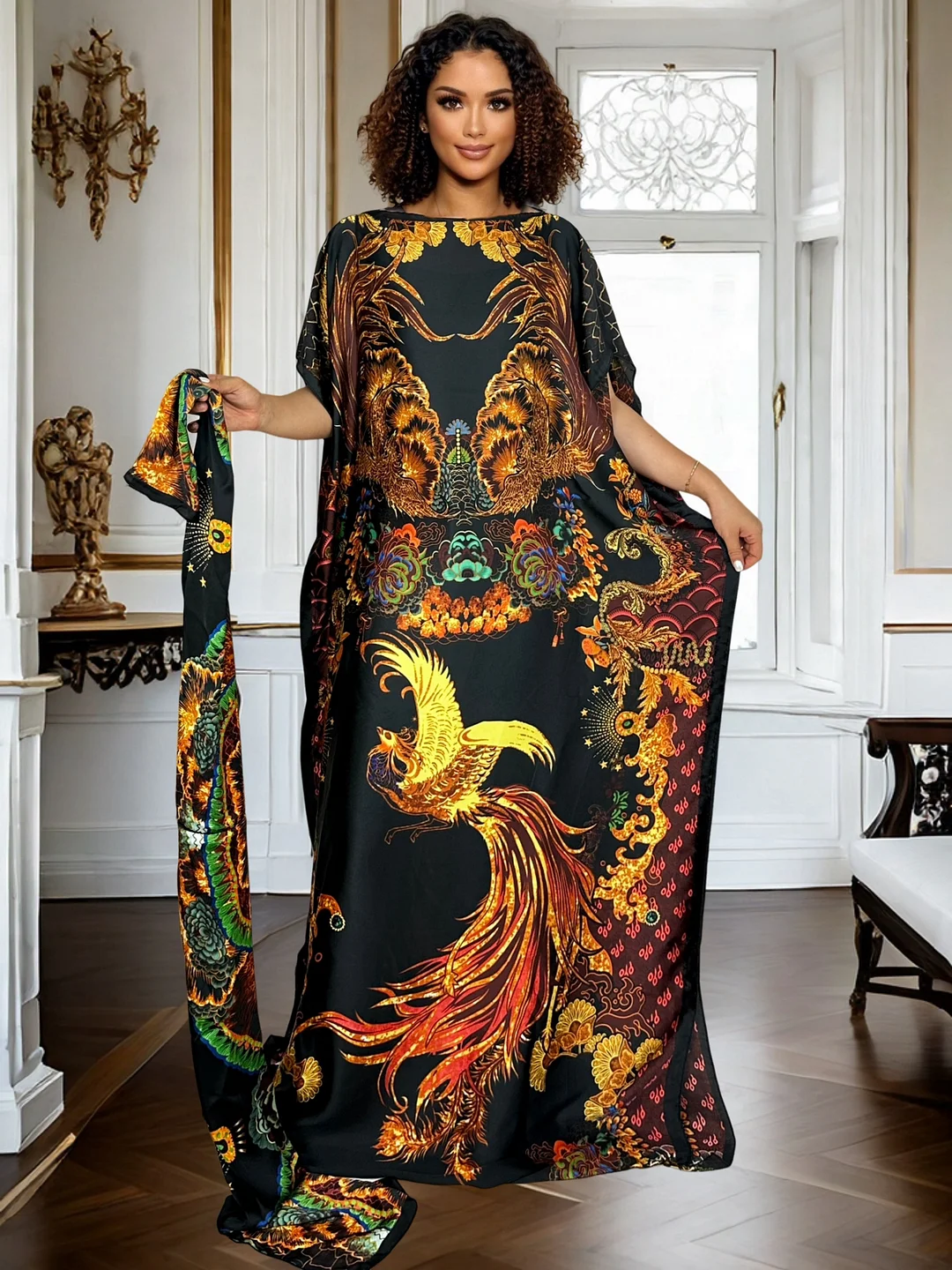 Women's Middle Eastern Turkish Kaftan Dress - Long Oversized Geometric Print With Golden & Red Accents, Lightweight All-Season Loose Fit For Casual & Formal Wear, Cultural Attire, Luxury Textile | IFYHOME