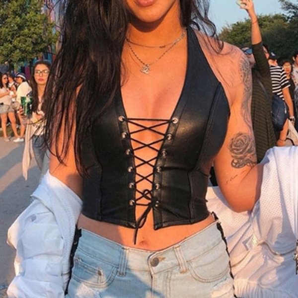 Fashion Punk Black Leather Hollow Crop Tops Women Camisole Summer Fashion Stretch T-shirts Slim Leather Soft Tank Tops - Life is Beautiful for You - SheChoic