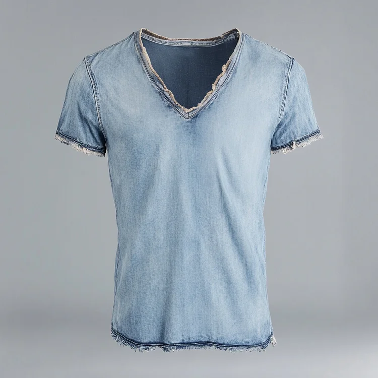 Men's Raw Edge V Neck Short Sleeve Casual T-Shirt