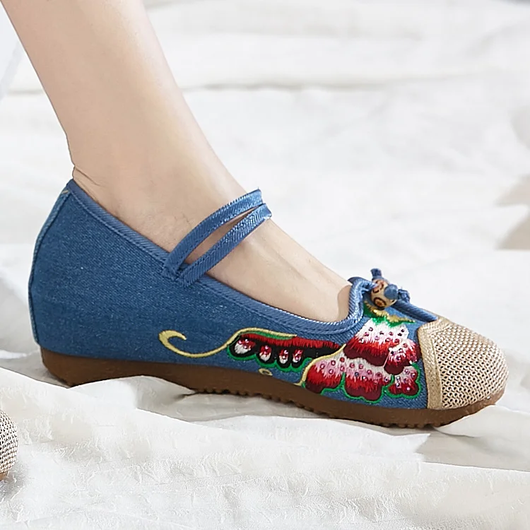 Wongn Wongn Not Include Shoe Box Single Shoes Inside The High Height Female Slope Heel High Heels Canvas Embroidered Cloth Shoes Women's Shoes Ethnic Flowers Build Buckle Shoes