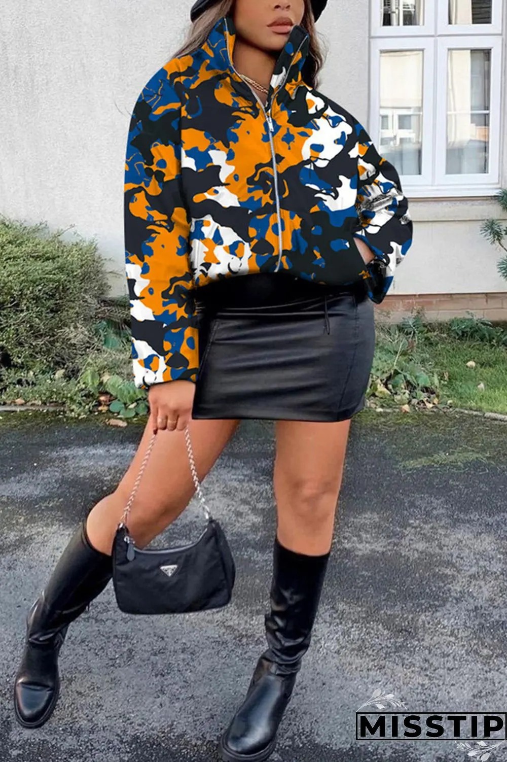 Cyanine Fashion Casual Print Basic Mandarin Collar Outerwear