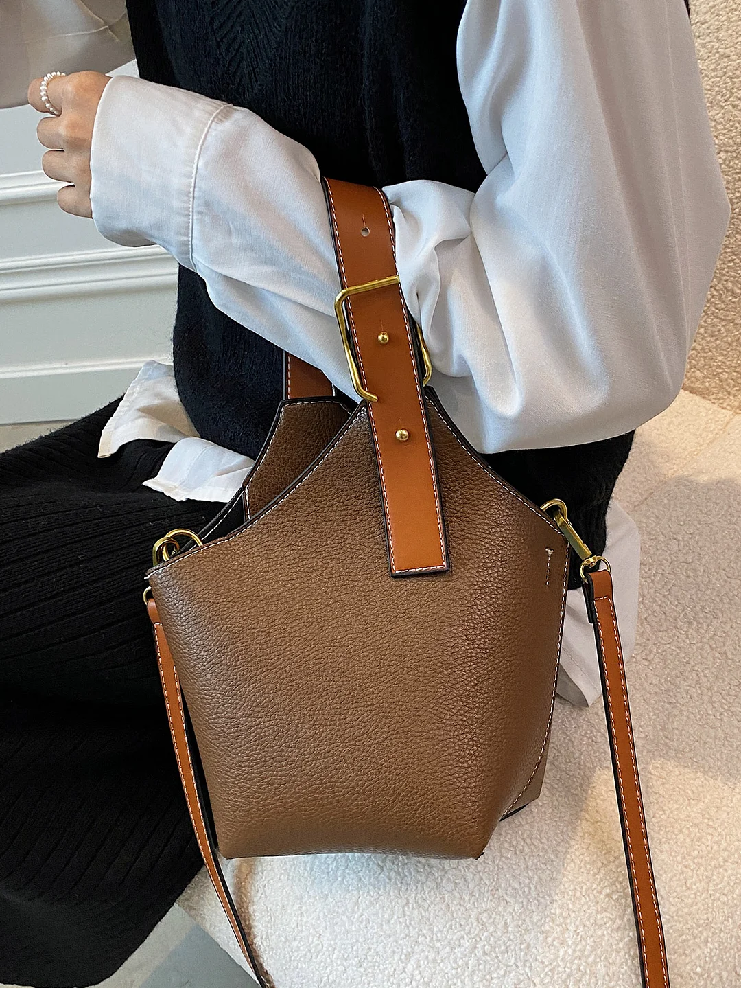 Mini pebbled embossed bucket bag