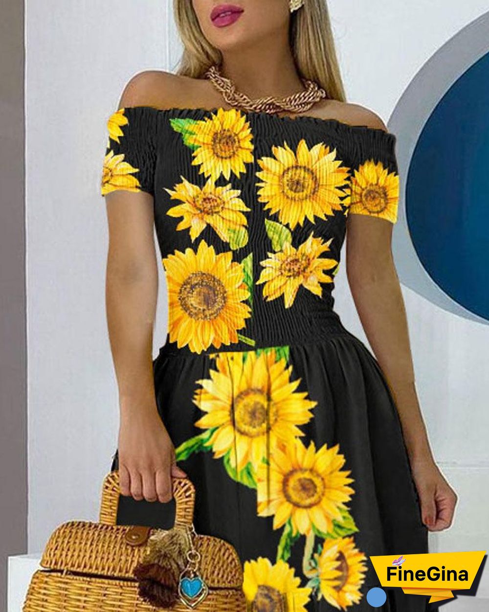 Off The Shoulder Sunflower Printed Black Beach Dress