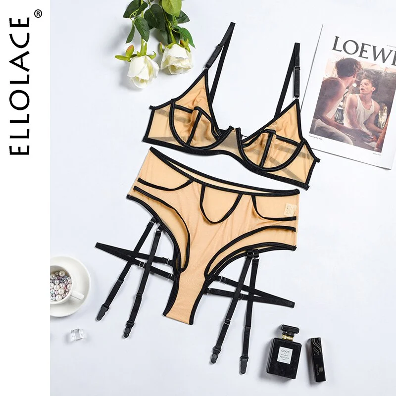 Billionm Ellolace Sexy Lingerie Transparent Woman Nude Underwear Pussy Panties Set Patchwork Seamless Erotic 2-Pieces Outfit
