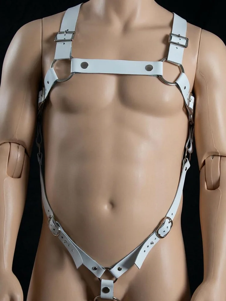 pornhint Pornhint white leather harness and Cock ring straps with Silver Gear cock necklace
