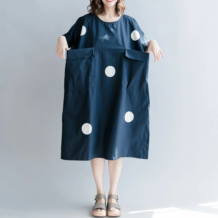 stylish dark blue dotted natural cotton dress casual holiday dresses vintage short sleeve O neck baggy dresses