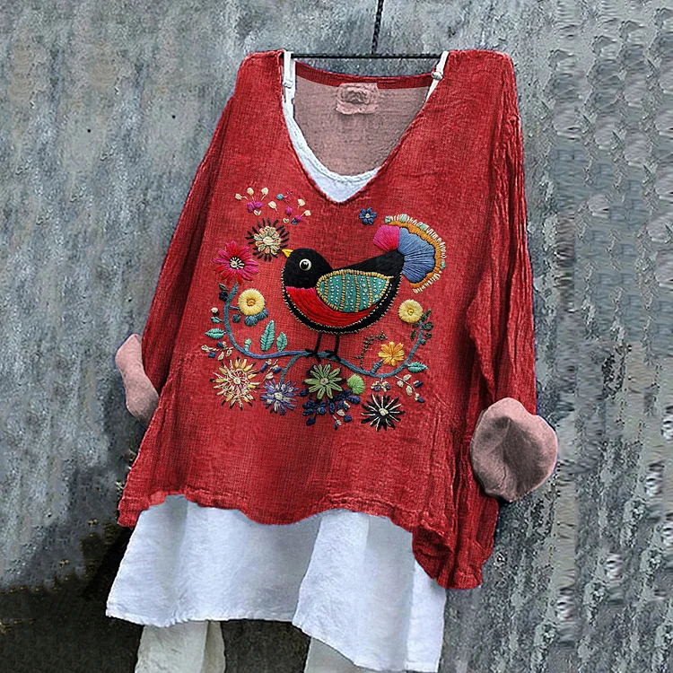 Women's Flower And Bird Embroidery Art V-neck Linen Blend Shirt