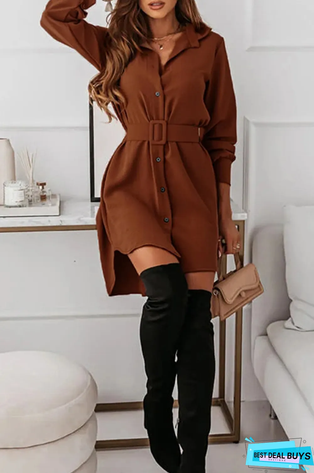 Casual Elegant Solid Buckle With Belt Turndown Collar Shirt Dress Dresses