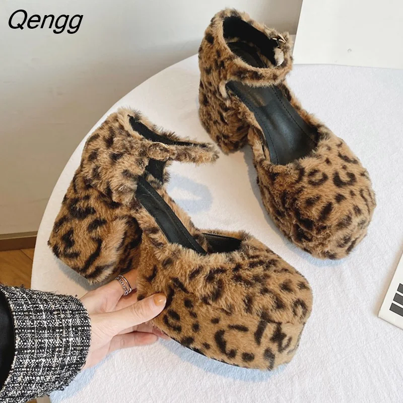 Qengg Women's Pumps Autumn New Fashionable Female Shoes Sweet Leopard High Heels Leopard Paltform Shoes Gothic Women Plush Rome