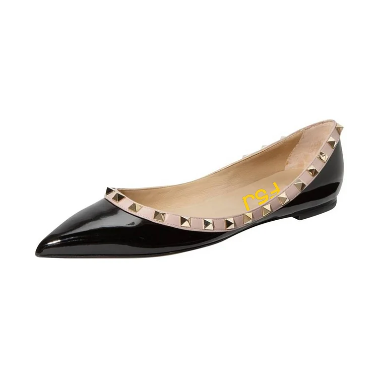 Black Patent Leather Pointed Toe Stud Embellished Flats |FSJ Shoes