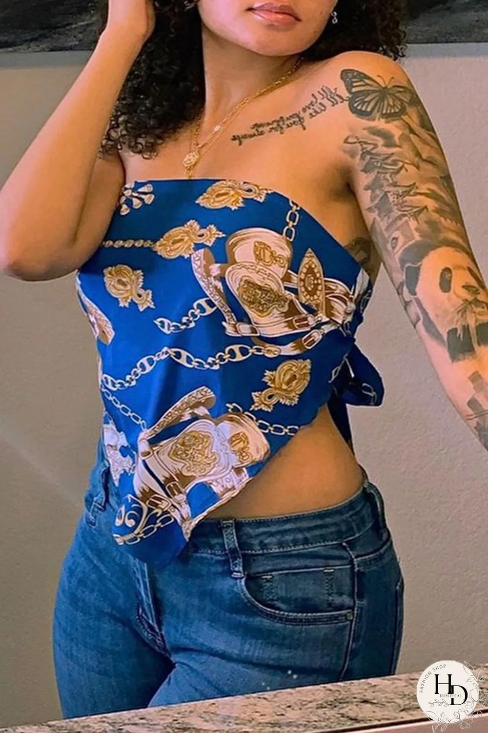 Blue Fashion Sexy Print Backless Strap Design Strapless T-Shirts