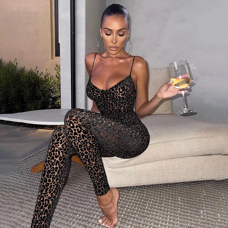 BIIKPIIK Leopard Print Women Skinny Jumpsuits Elegant Female Casual Workout Overalls Basic Sportwear Summer Sleeveless Playsuits