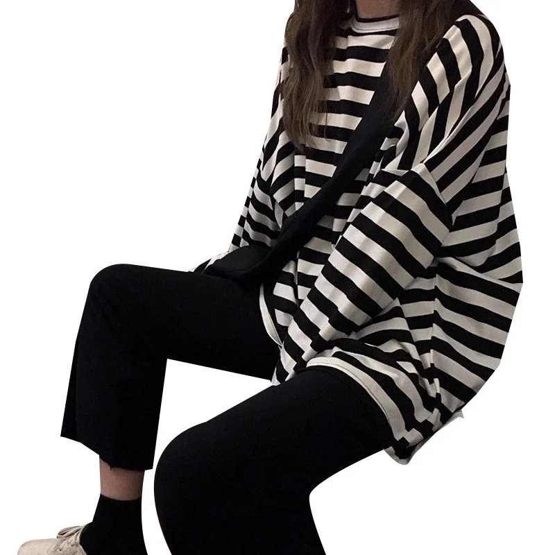Uveng Uveng 2024 New Ins Tide Black And White Stripes Early Autumn Loose Long-Sleeved T-Shirt Schoolgirl Top