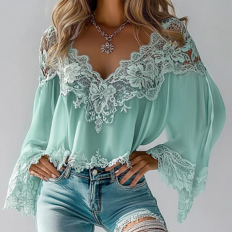Ursime Casual Floral Lace V Neck Long Sleeve Blouse