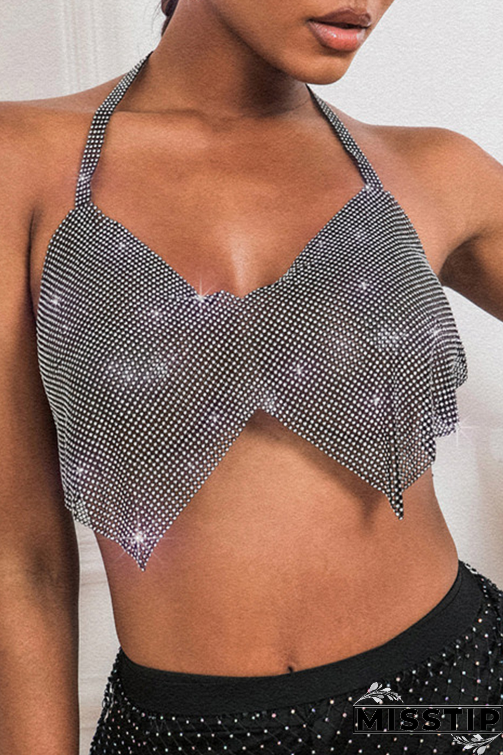 Black Sexy Solid Patchwork Halter Tops