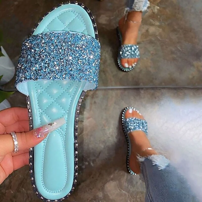 Bling Rhinestone Slippers Crystal Slides Women Summer Flat Shoes Sewing Sliders Womens Summer Shoes Wholesale Ins Trending 2020