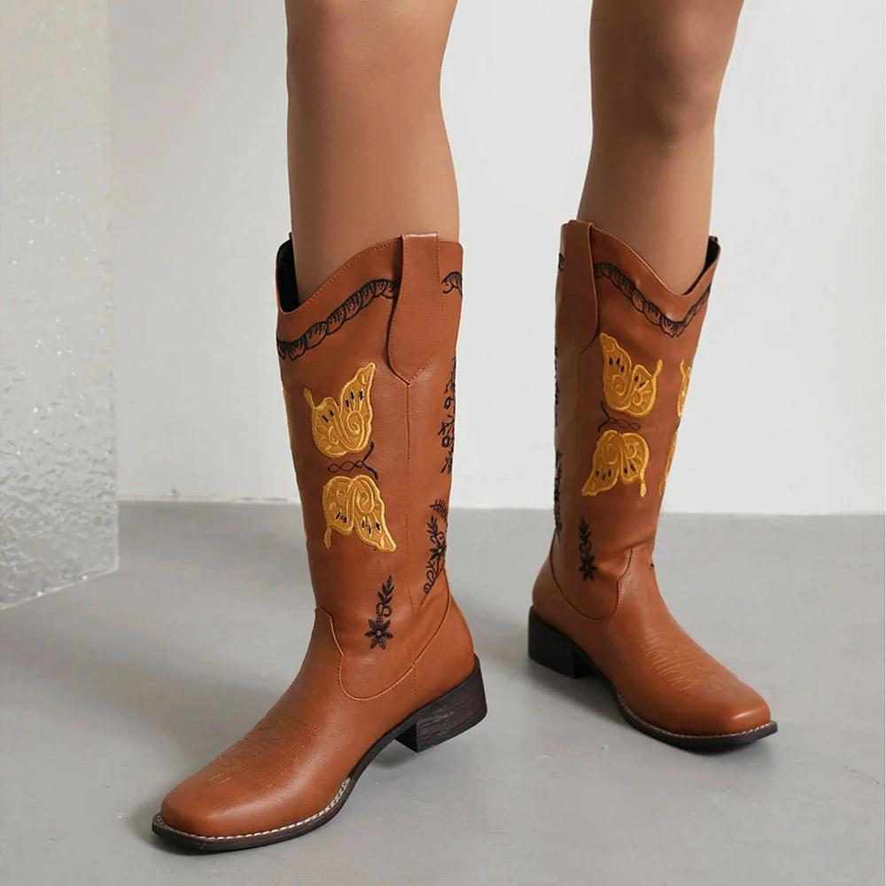 Brown Square Toe Chunky Heel Butterfly Embroidered Cowgirl Boots