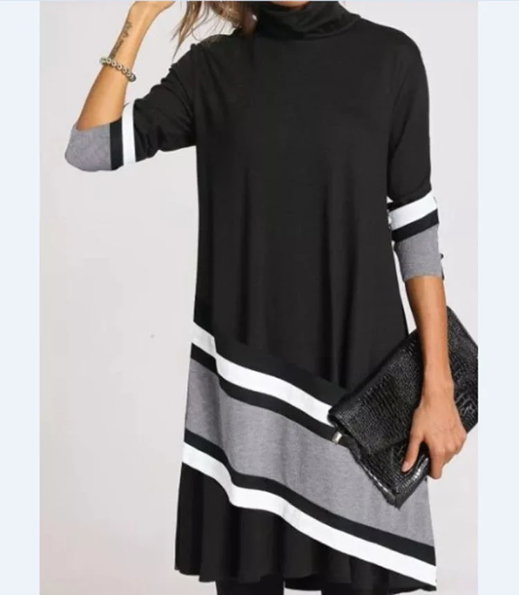 Brownm Fashion Printed Collar Long Sleeves Loose Dresses