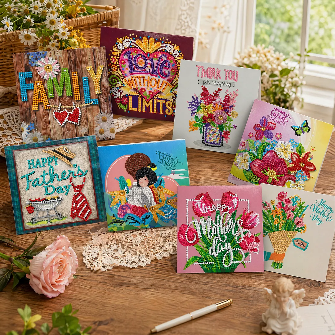 8PCS Fathers Day Mothers Day DIY Diamond Painting Greeting Card Kits with Envelopes Diamond Art Greeting Cards Diamond Art Cards Kits for Adults DIY Crafts Family Friend Gifts