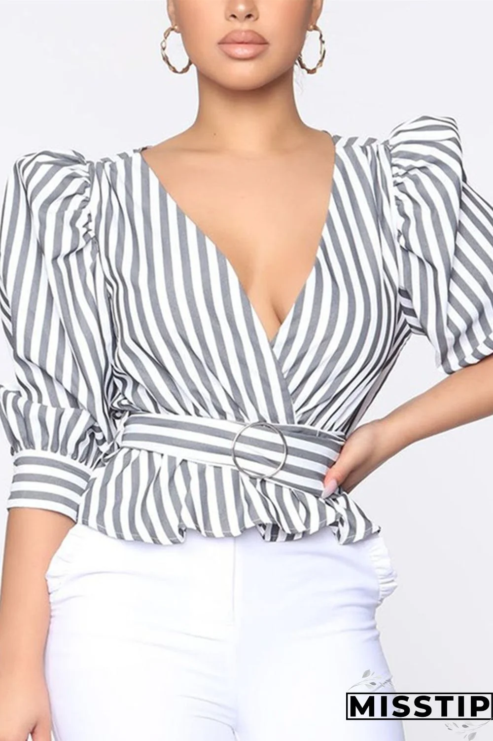 Grey Fashion Striped Print Puff Sleeve Shirt