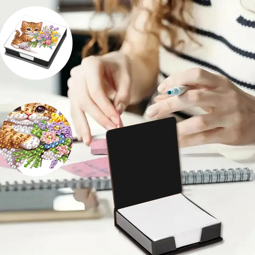 PU Cat Flower Diamond Painting Notecard Box with 160 Sheets of Paper