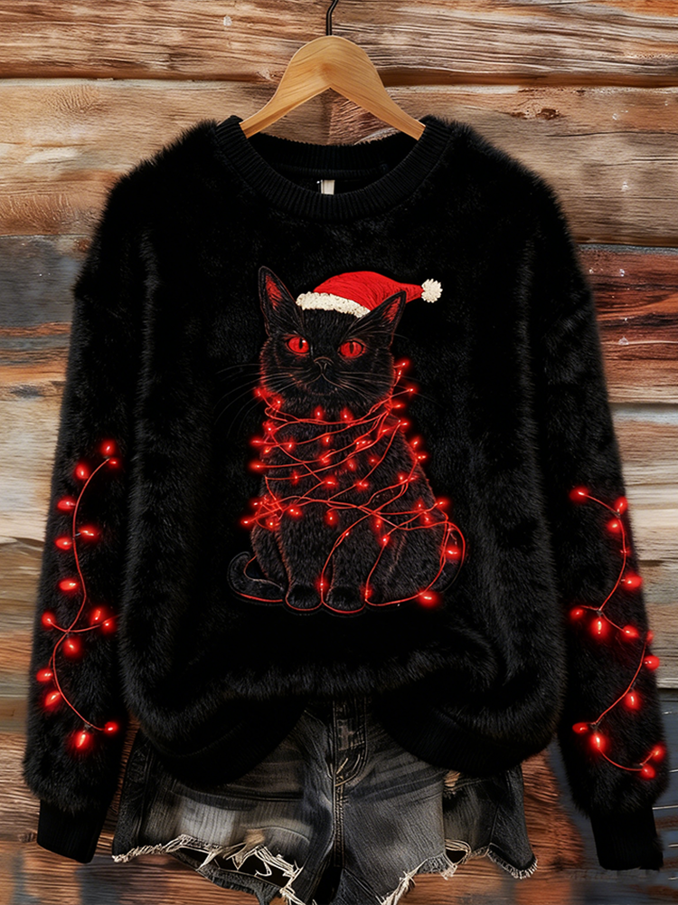 Women's Christmas Lights Cat Round Neck Flannel Sweatshirt elevenforest