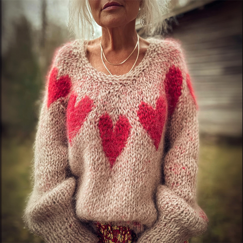 Valentine's Day Hearts Yoke Pattern Casual Cozy Knit Sweater wearshes